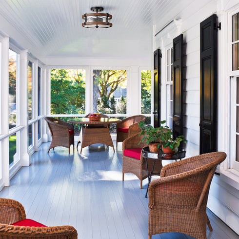 2-Light Farmhouse Wood Grain Paint with Black Metal Semi Flush Mount Ceiling Light with Seeded Glass